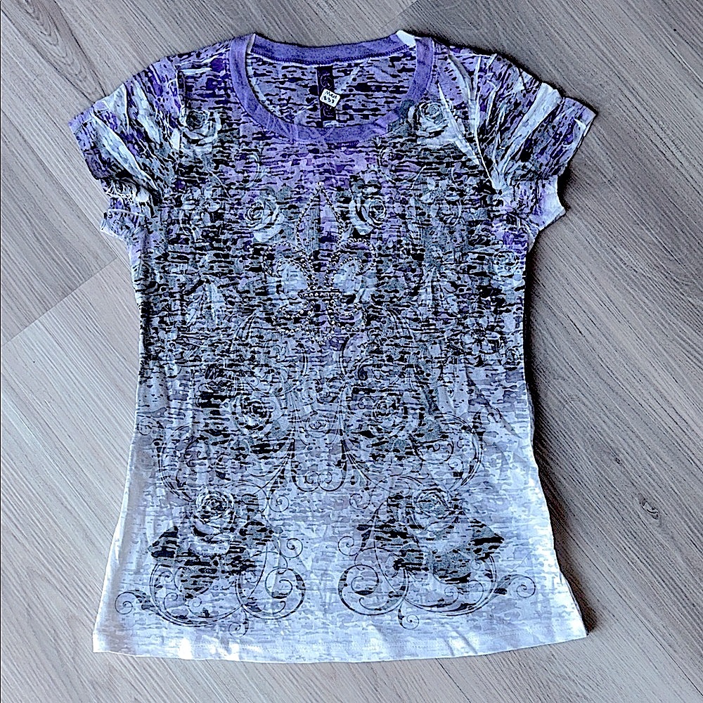 Crystal Saint Women's Tissue Top M Purple/Gray NWT Y2K Glam Fleur de Lis Fitted